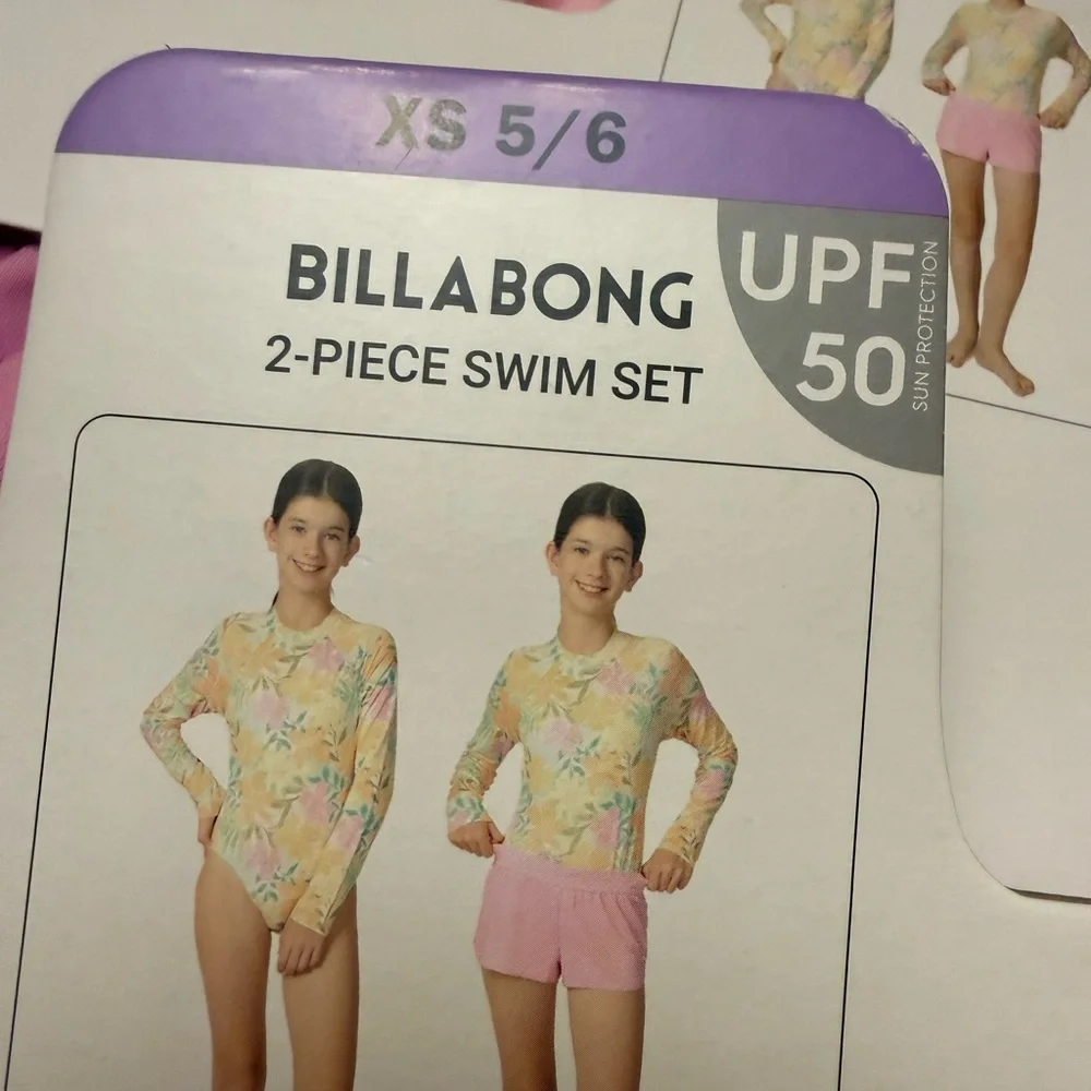 NWT Billabong Girls 2-Piece Swim Floral Rash Guard Bodysuit Shorts Pink